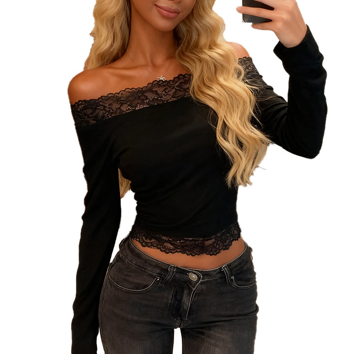 Damen elegantes Off-Shoulder Shirt mit Spitzenbesatz Drune