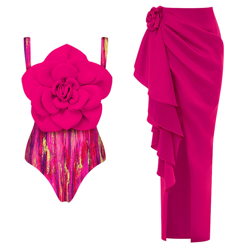 Damen Badeanzug mit floralem Volumen und passendem Wickelrock Drune