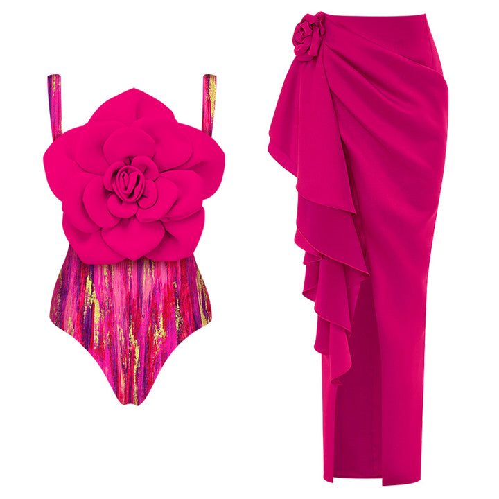 Damen Badeanzug mit floralem Volumen und passendem Wickelrock Drune
