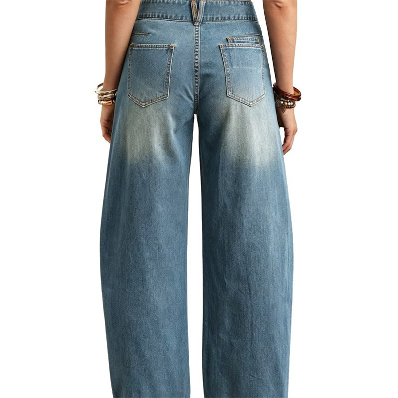 Damen Weite hochgeschnittene Jeans mit geschwungenen Nahtdetails und aufgesetzten Taschen Drune