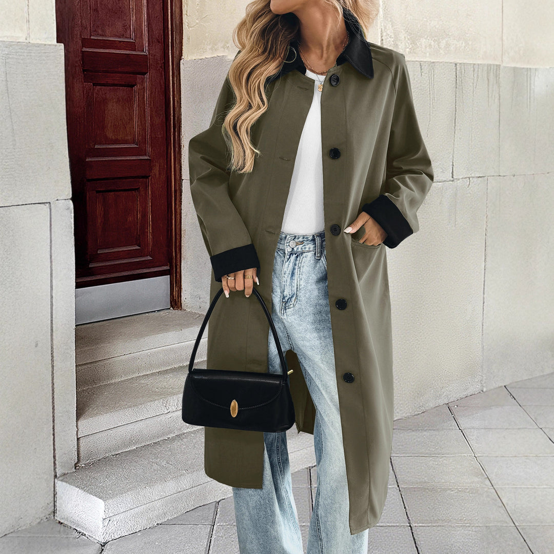 Damen Langer Trenchcoat mit Kontrastkragen und Umschlagmanschetten Drune