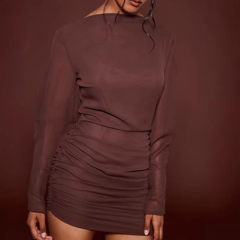 Damen Figurbetontes Minikleid mit geraffter Hüftpartie und transparenten Chiffonärmeln Drune