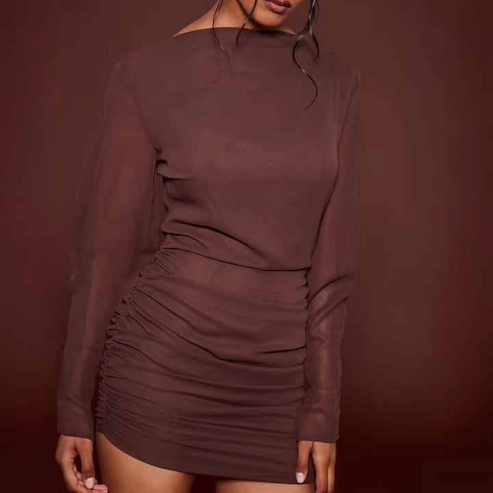 Damen Figurbetontes Minikleid mit geraffter Hüftpartie und transparenten Chiffonärmeln Drune