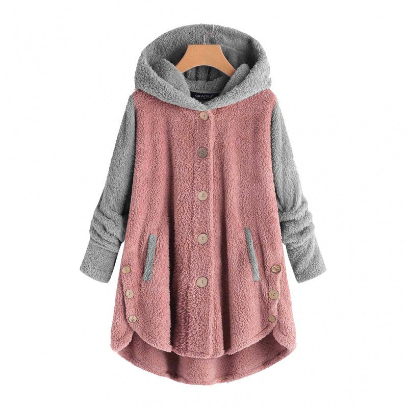 Damen Oversized Teddy-Mantel mit Kapuze, asymmetrischem Zipfelsaum und Holzknopf-Leiste Drune