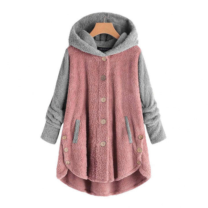Damen Oversized Teddy-Mantel mit Kapuze, asymmetrischem Zipfelsaum und Holzknopf-Leiste Drune
