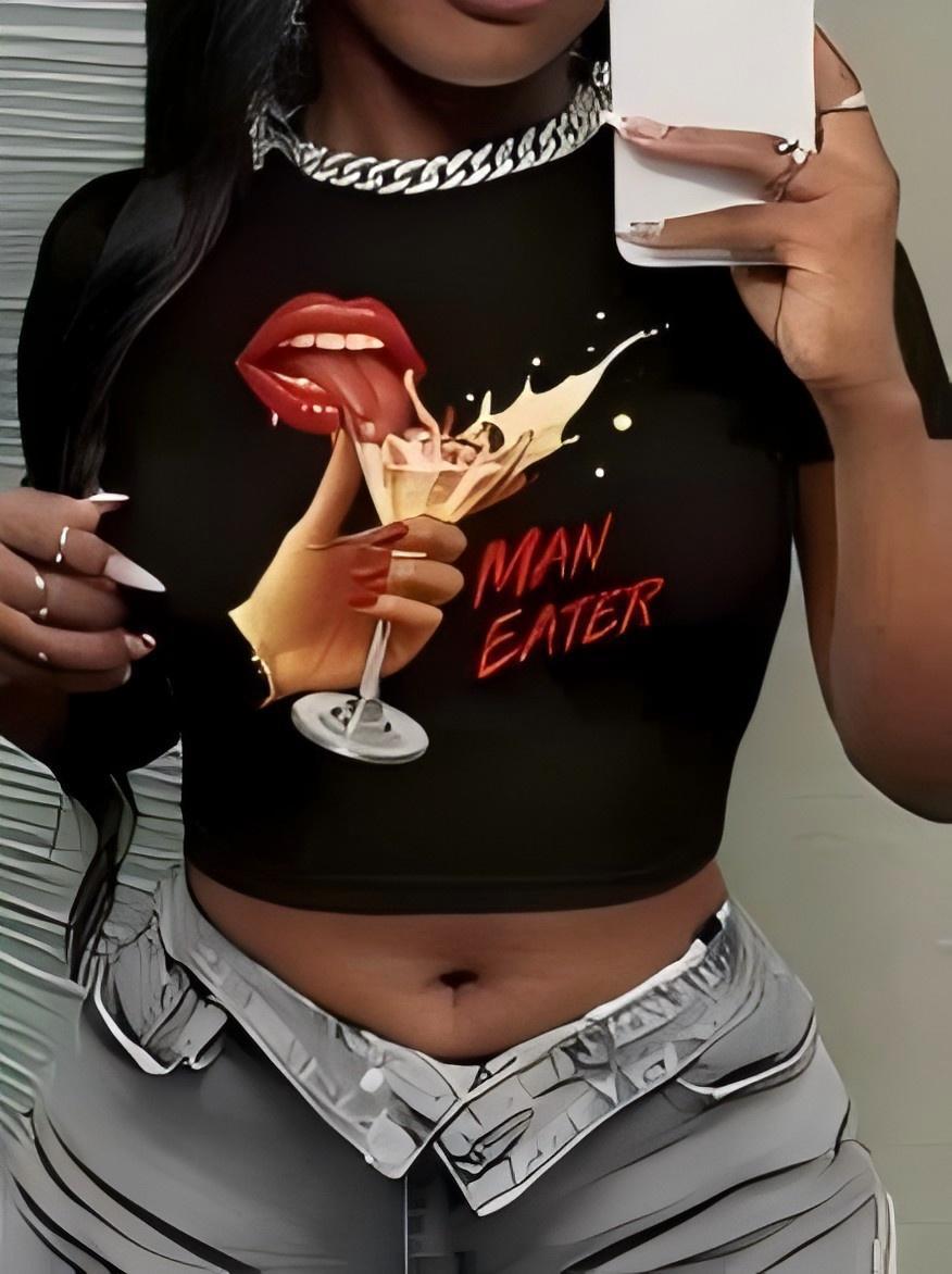Damen Crop-Top mit künstlerischem Statement-Druck Drune