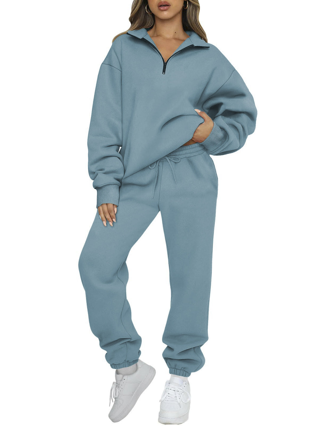 Damen nan Halbzip-Loungewear-Set mit übergroßem Kragenpullover und taillierter Jogginghose mit elastischem Bund Drune