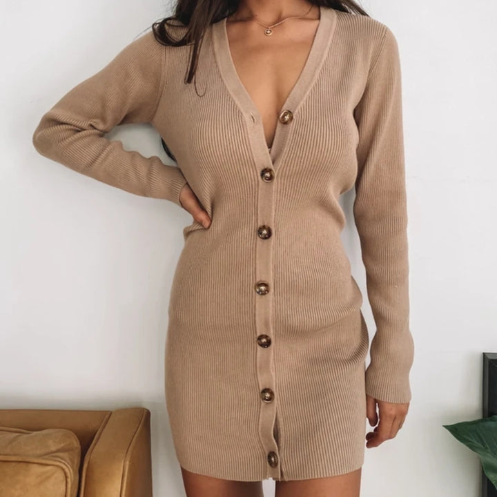 Damen Strickkleid mit Knopfleiste und tiefem V-Ausschnitt Drune