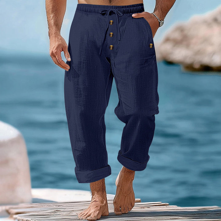 Herren nan lockere Leinen-Baumwoll-Hose mit elastischem Bund, Kordelzug und aufgekrempeltem Saum Drune