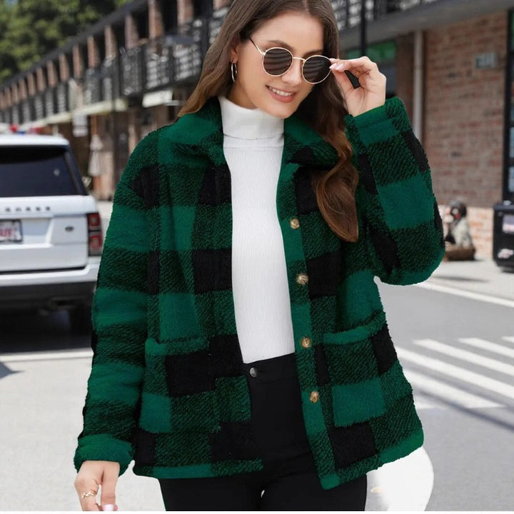 Damen nan gefütterte Karo Teddy-Fleece Shacket mit Knopfleiste und aufgesetzten Taschen Drune