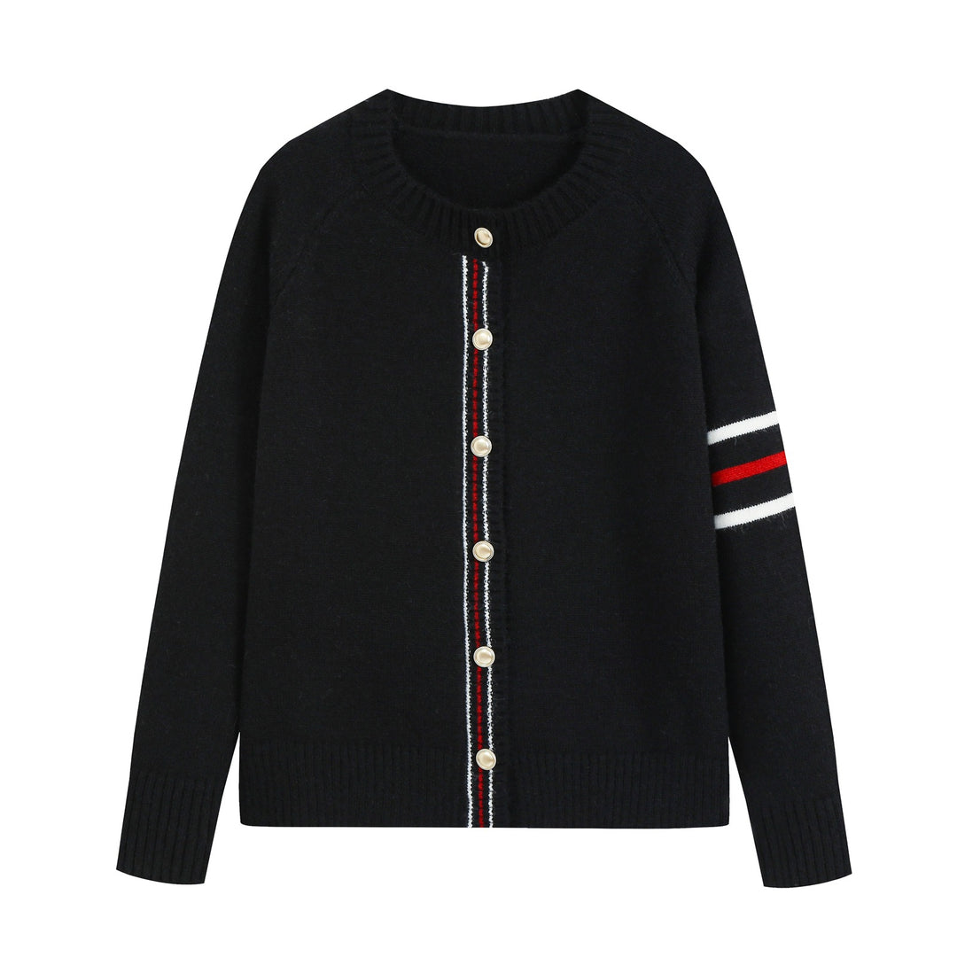 Damen Lässiger Rippstrick‑Cardigan mit Goldknöpfen und sportiven Ärmelstreifen Drune