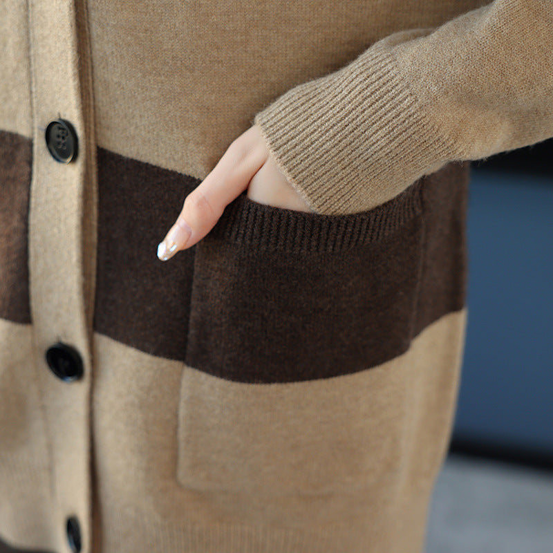 Damen lässige Strickjacke mit breiten Streifen und aufgesetzten Taschen Drune