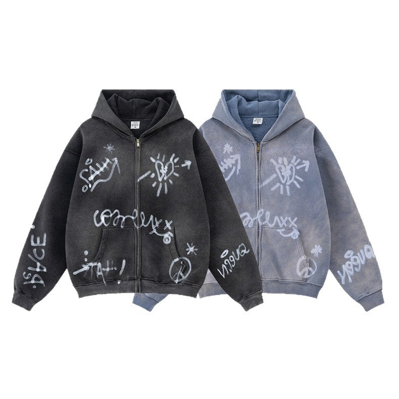 Unisex nan oversized Kapuzenjacke mit durchgehendem Reißverschluss, gebürstetem Fleecefutter und handähnlichem Sprayprint Drune