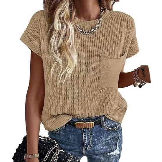 Damen lässiger Strickpullover mit strukturierter Oberfläche und Brusttasche Drune