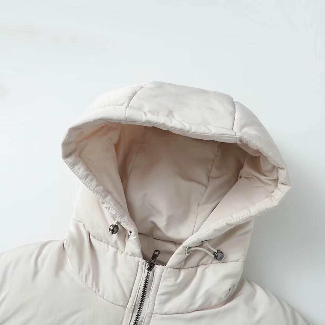 Damen Kurz geschnittene Hybrid-Steppjacke mit Kapuze, Taillenzug und elastischen Ärmeln Drune