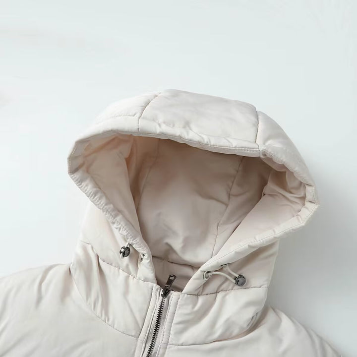 Damen Kurz geschnittene Hybrid-Steppjacke mit Kapuze, Taillenzug und elastischen Ärmeln Drune