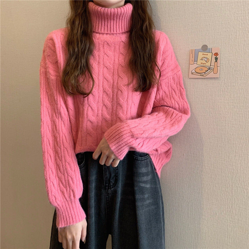 Damen Grobstrickpullover mit hohem Kragen und Zopfmuster Drune