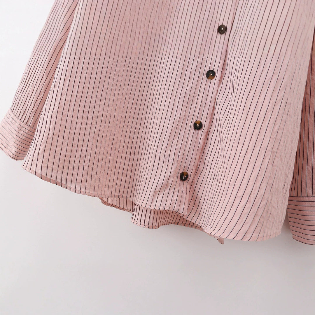 Damen Oversize-Bluse mit Stehkragen, feinen Nadelstreifen und durchgehender Knopfleiste Drune