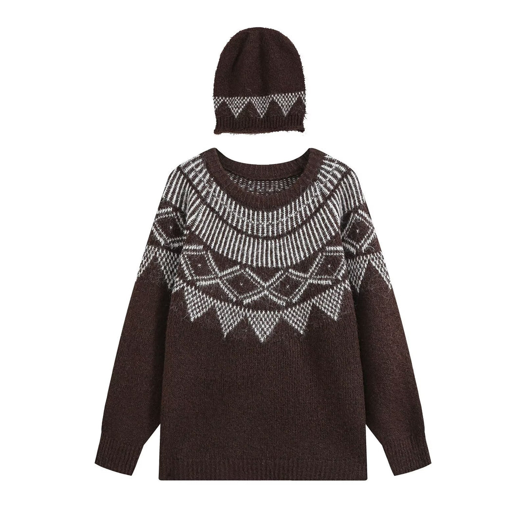 Damen Oversized Norweger-Strickpullover mit Rundhalsausschnitt und passender Mütze Drune
