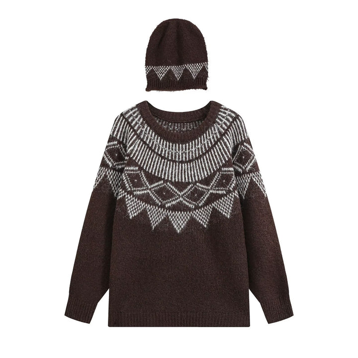 Damen Oversized Norweger-Strickpullover mit Rundhalsausschnitt und passender Mütze Drune