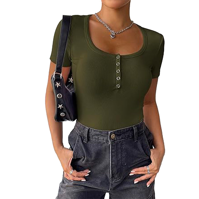 Damen Kurzarm Bodysuit mit Knopfdetails und figurbetonter Silhouette Drune