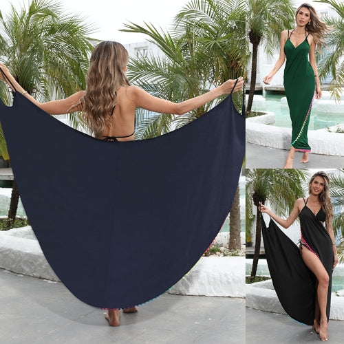 Damen elegantes Maxikleid mit buntem Pompom-Rand Drune