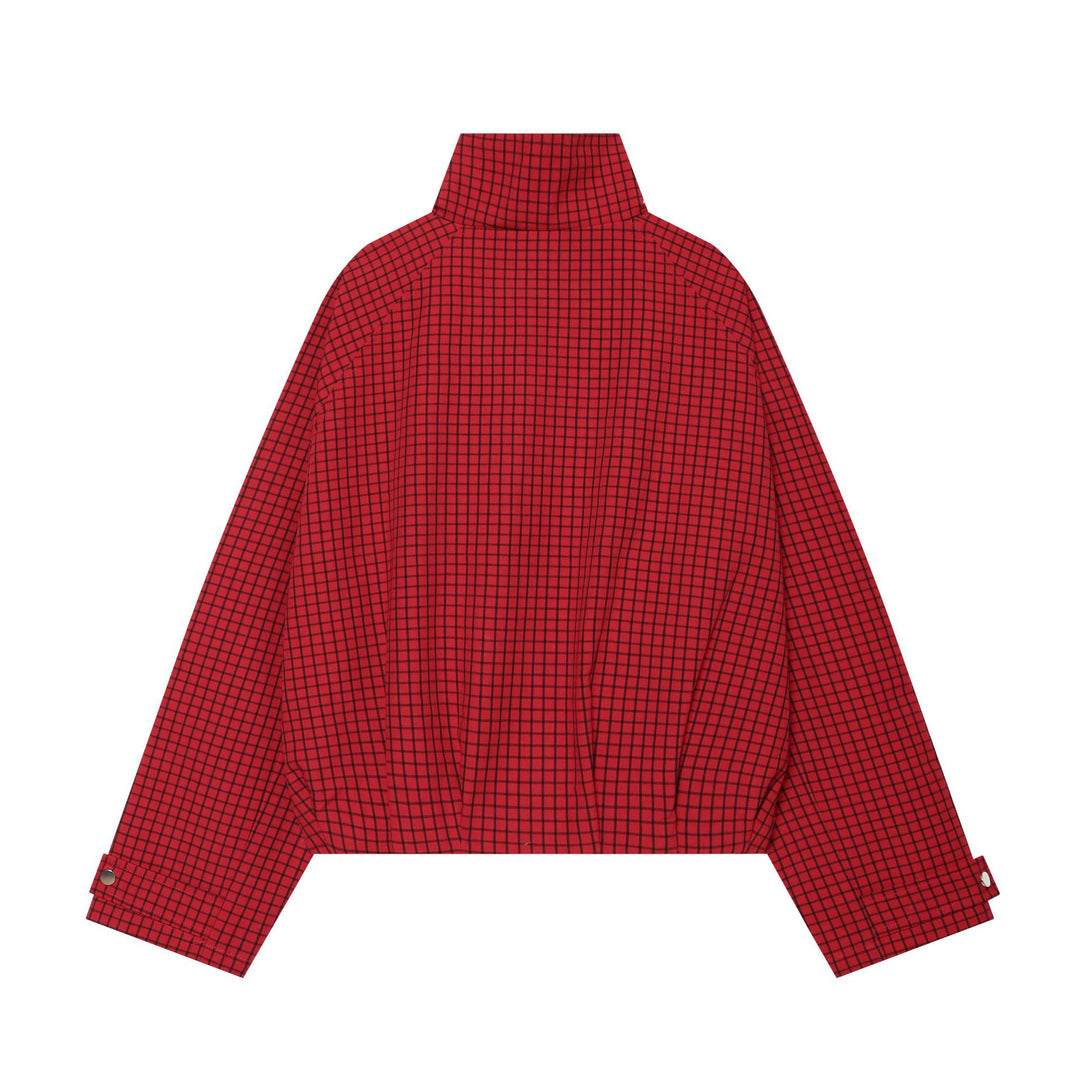 Damen Cropped-Bomberjacke mit hohem Stehkragen, Karomuster und elastischem Saum Drune