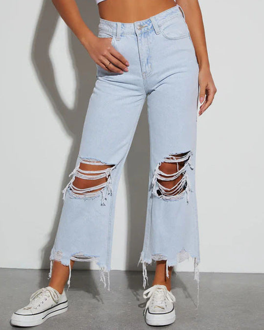 Damen Mom Jeans mit ausgefranstem Saum und Rippen-Details Drune