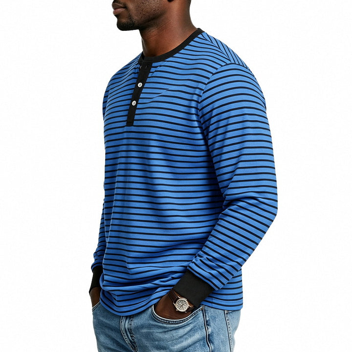 Herren Gestreiftes Langarm-Henleyshirt aus Baumwollmischung mit Knopfleiste Drune