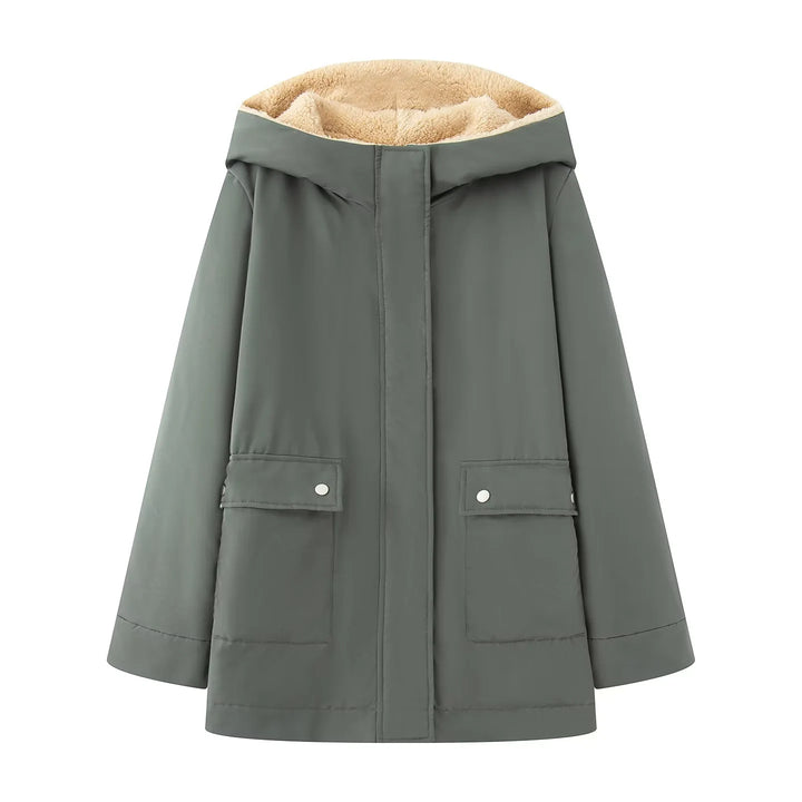 Damen nan gefütterte Kapuzenparka mit Teddyfutter, verdeckter Reißverschluss und großen Pattentaschen Drune