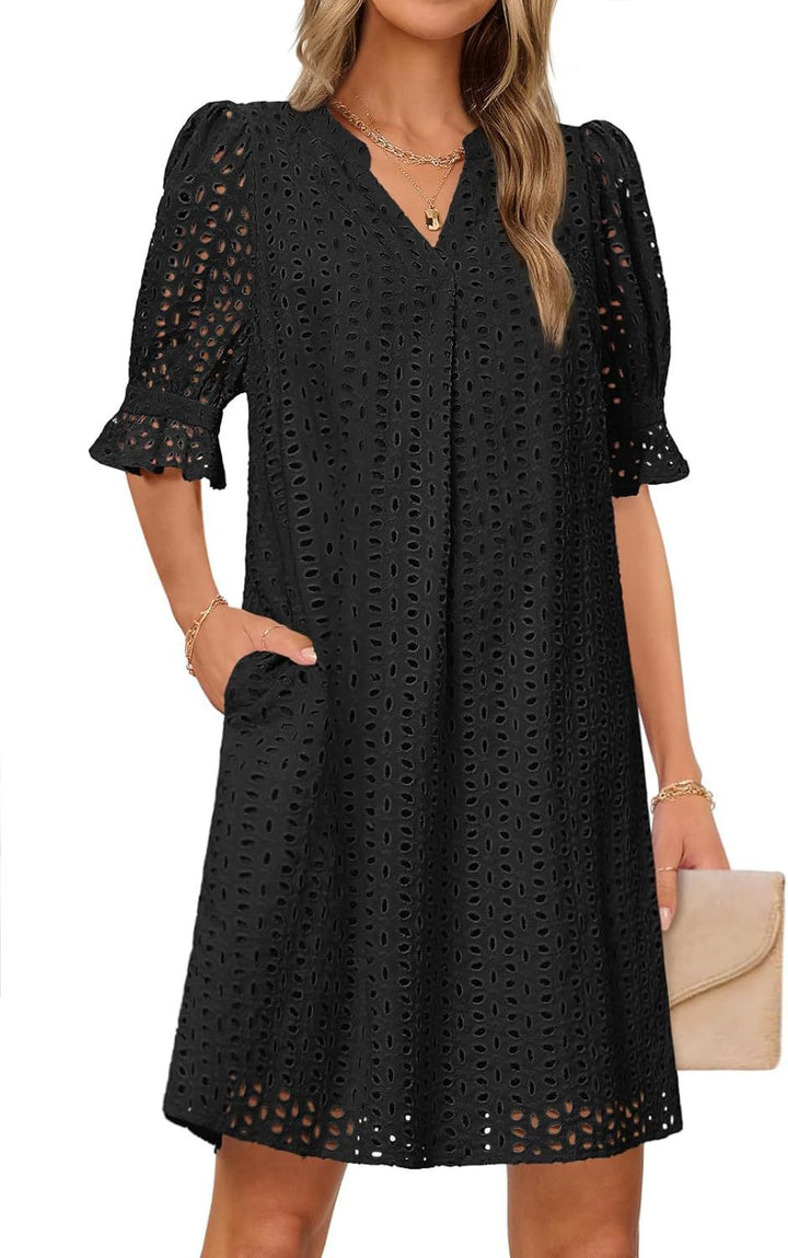 Damen luftiges Sommerkleid mit romantischem Lochmuster und praktischen Taschen Drune