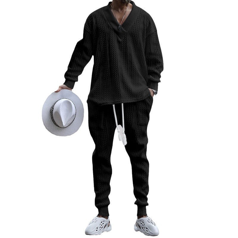 Herren nan gestricktes Lounge-Set mit tiefem V‑Ausschnitt, Kordelzug-Jogginghose und Rippbündchen Drune