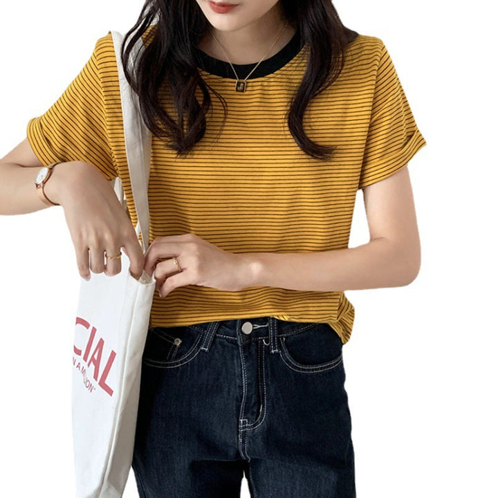Damen gestreiftes T-Shirt mit kontrastierendem Rundhalsausschnitt und bequemem Schnitt