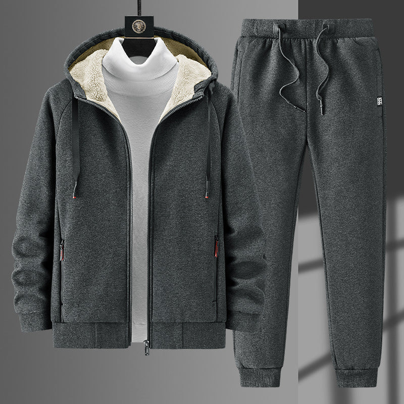 Herren Fleecegefüttertes Zip-Hoodie und Jogginghose Set mit Teddyfutter Drune