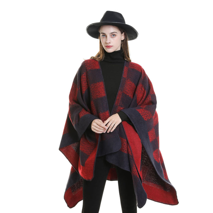 Damen Vielseitiger Wollmix-Überwurf im kastigen Kimono-Fall mit großflächigem Karojacquard Drune