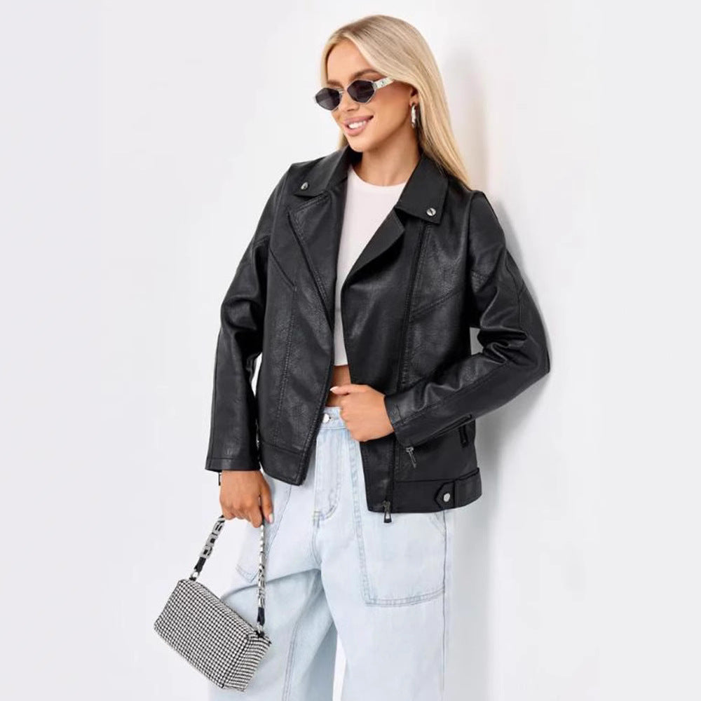 Damen hochwertige Kunstlederjacke im Biker-Stil mit asymmetrischem Reißverschluss Drune