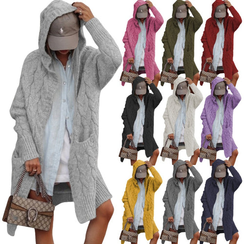 Damen Grobstrickjacke mit Kapuze und Zopfmuster Drune