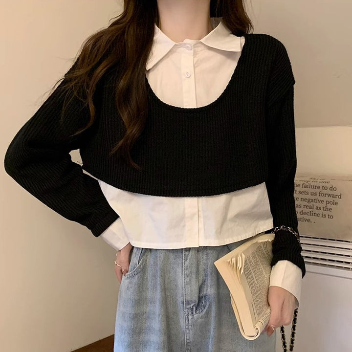 Damen Cropped Strickpullover mit integriertem Hemd