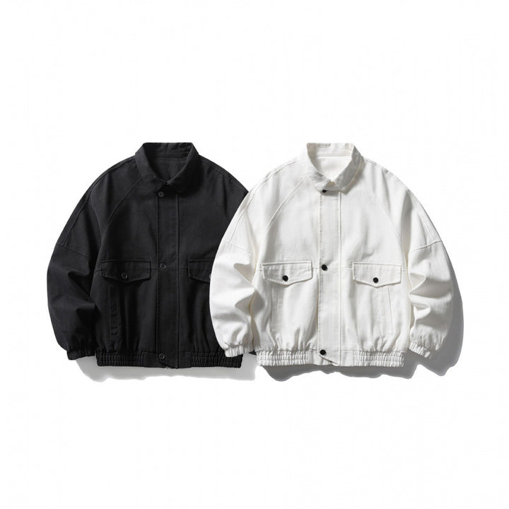 Unisex Kurz geschnittene Boxy-Jacke aus Denim mit Gummizugsaum und Pattentaschen Drune