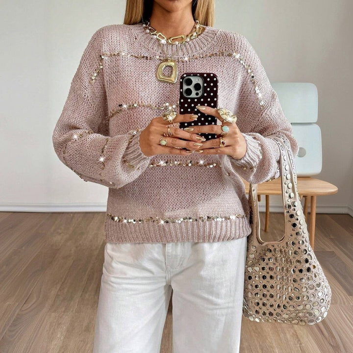 Damen Grobstrick-Pullover mit Paillettenstreifen, Oversize-Schnitt & Rundhalsausschnitt Drune
