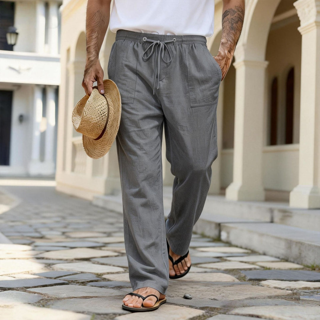 Herren leichte Leinenhose mit elastischem Bund und Kordelzug Drune