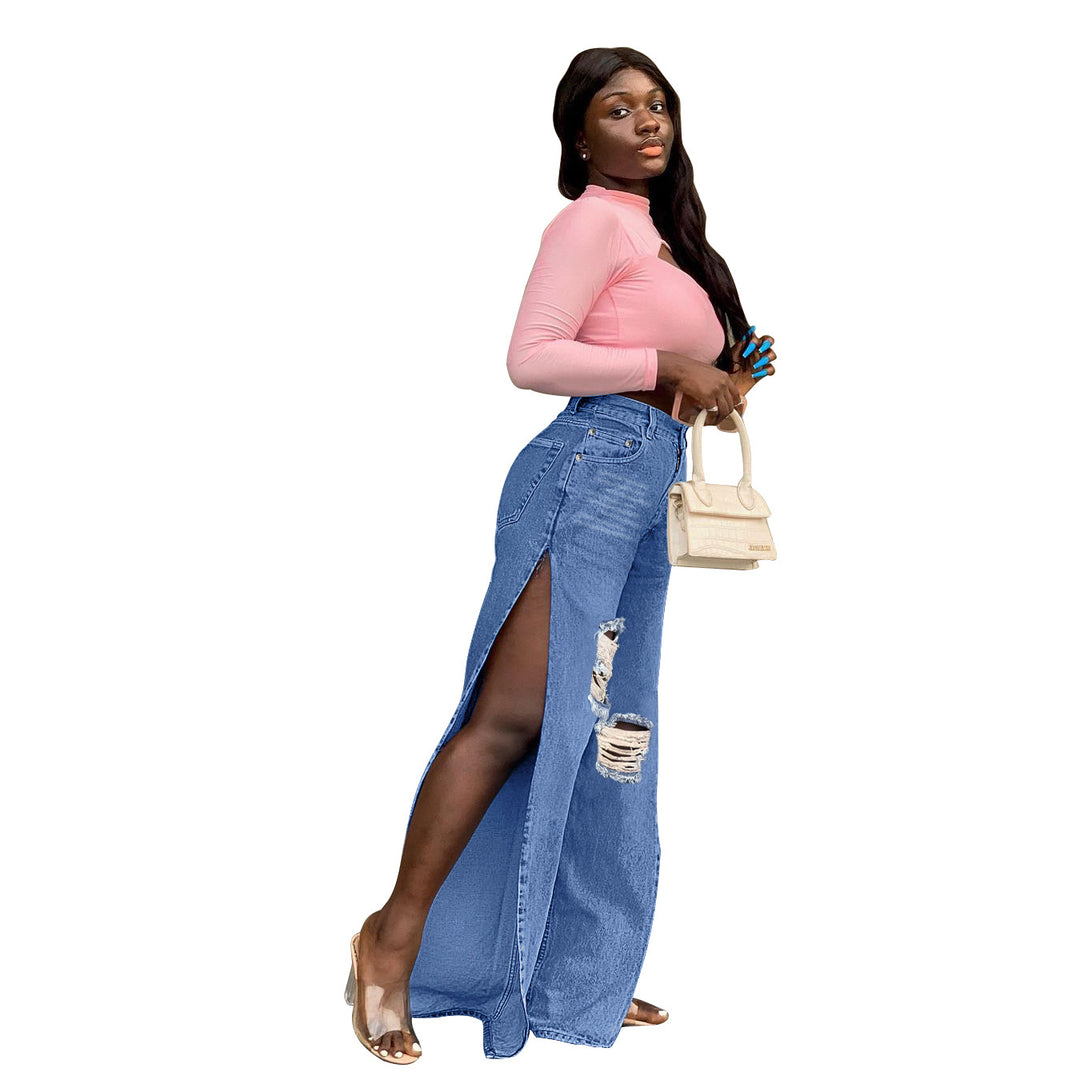 Damen geweitete Denim-Jeans mit hohen Seitenschlitzen und Destroyed-Kniepartie Drune
