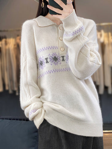 Damen Oversize-Polokragen-Strickpullover mit Norweger‑Motiv und Raglanärmeln Drune