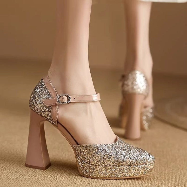 Damen Glitzernde Plateau-Pumps mit elegantem Riemchen Drune
