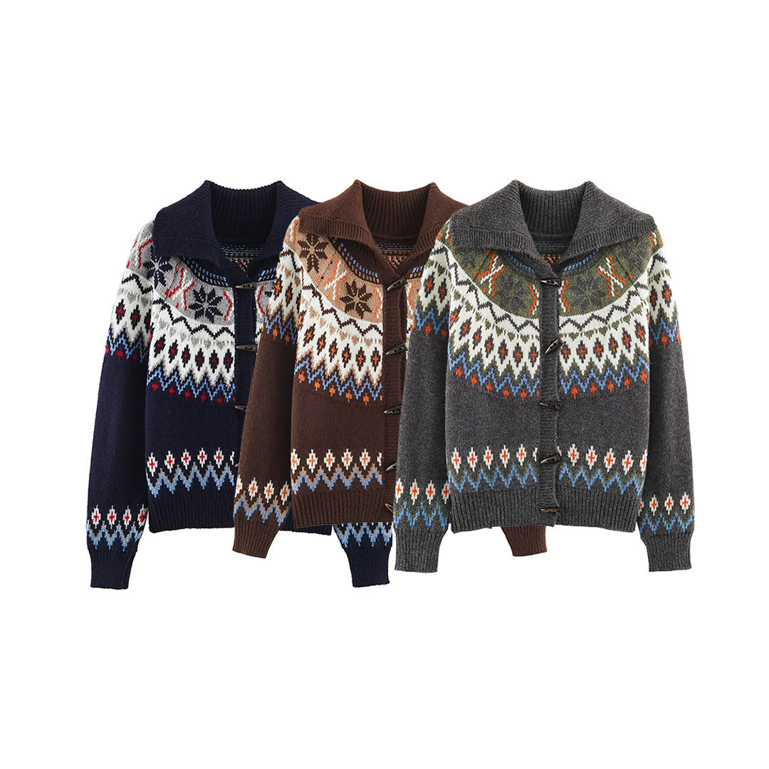 Damen Grobgestrickter Norweger-Cardigan mit Schalkragen und Hornknopfleiste Drune
