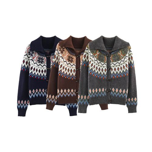 Damen Grobgestrickter Norweger-Cardigan mit Schalkragen und Hornknopfleiste Drune