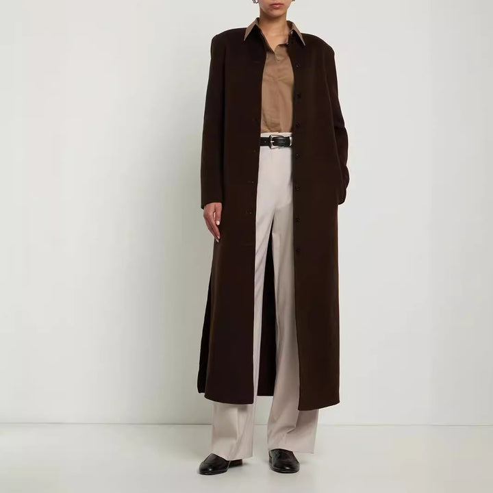Damen Langer Minimalistischer Stehkragenmantel aus Wollmix mit verdeckter Knopfleiste Drune