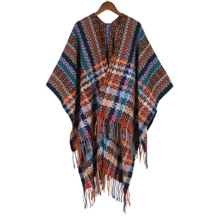 Damen Mehrfarbiger Web‑Poncho im Boho‑Patchwork‑Design mit Fransen Drune