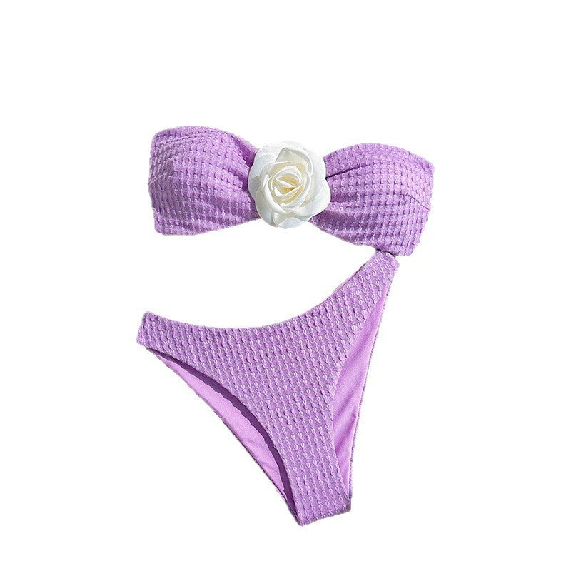 Damen Bandeau-Bikini Set mit elegantem Blumenschmuck und hohem Beinausschnitt Drune