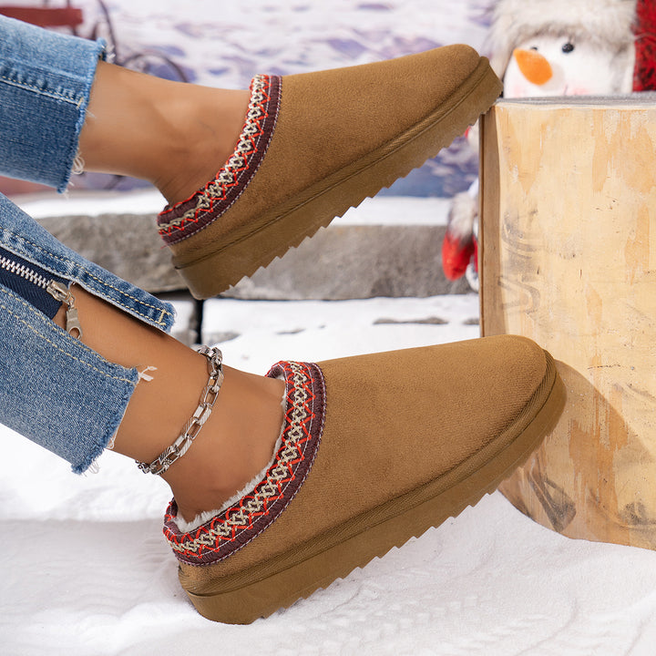 Damen Gefütterte Loafer‑Hausschuhe aus Wildlederimitat mit besticktem Rand und profiliertem Plateau Drune